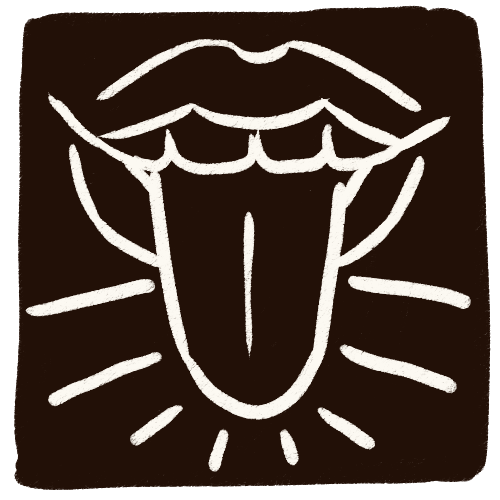 A drawing in white on a large black square. The drawing is of a mouth sticking its tongue out, with a few emphasis lines around it. 